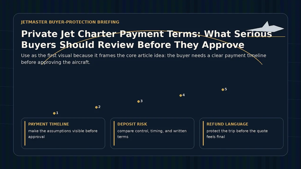 Private jet charter payment terms timeline showing quote review, deposit, funds received, aircraft confirmation, and balance due.