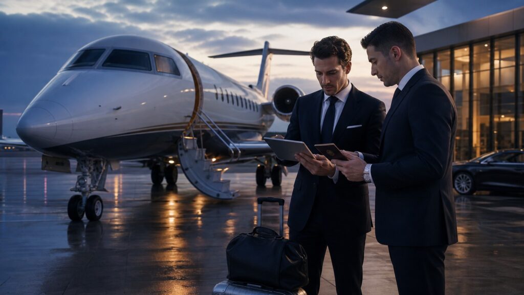 Male private jet advisors reviewing passports and a manifest beside an international charter aircraft