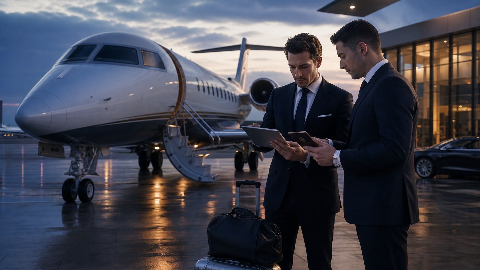 Male private jet advisors reviewing passports and a manifest beside an international charter aircraft