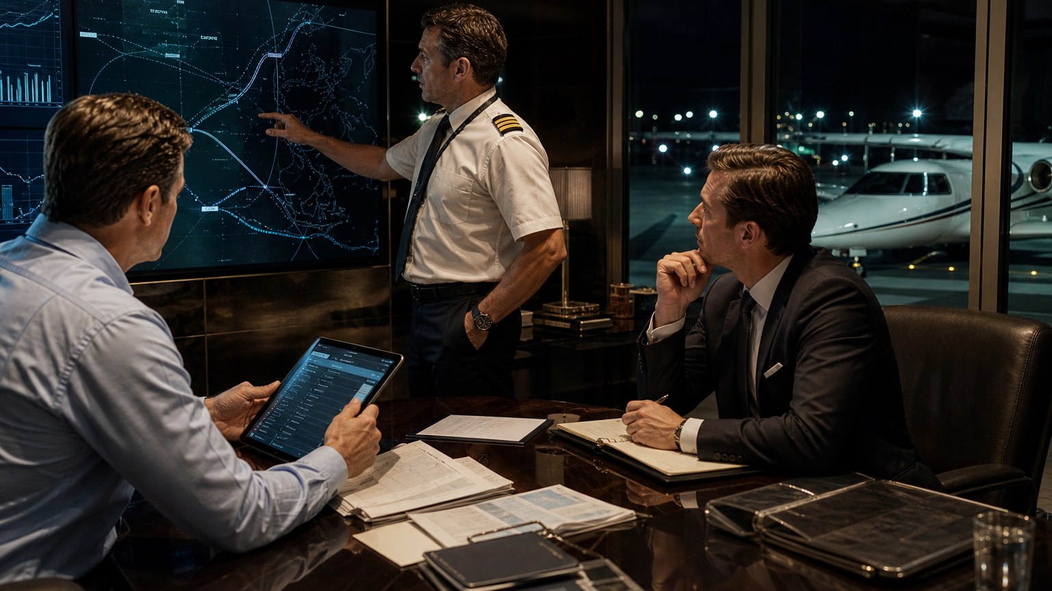 After-hours private jet operations team coordinating customs overtime for an international departure