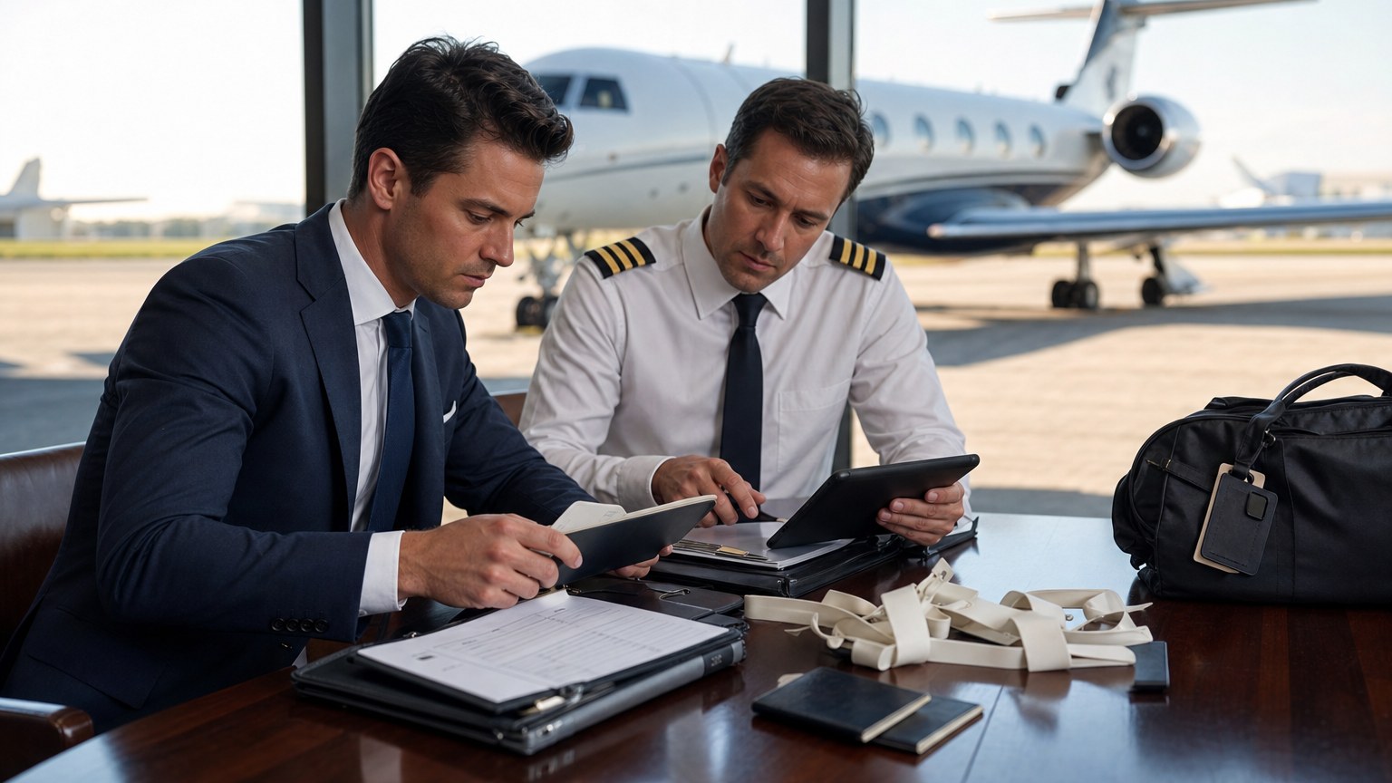 Male pilot and executive assistant checking private jet passenger documents at an FBO table