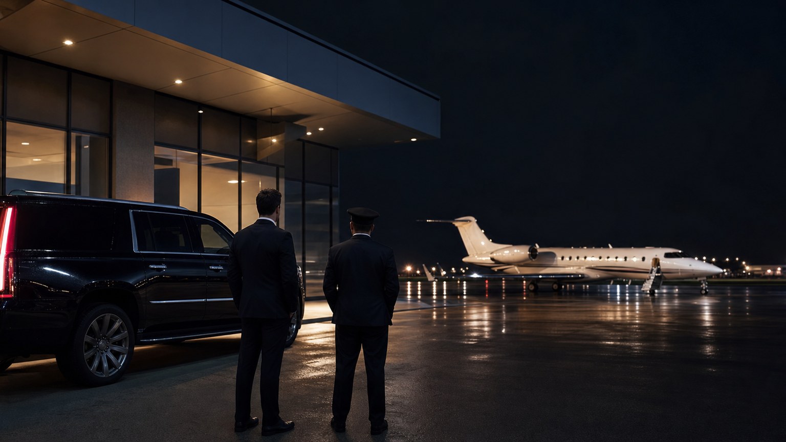 Private jet waiting at night while male ground staff confirm customs availability