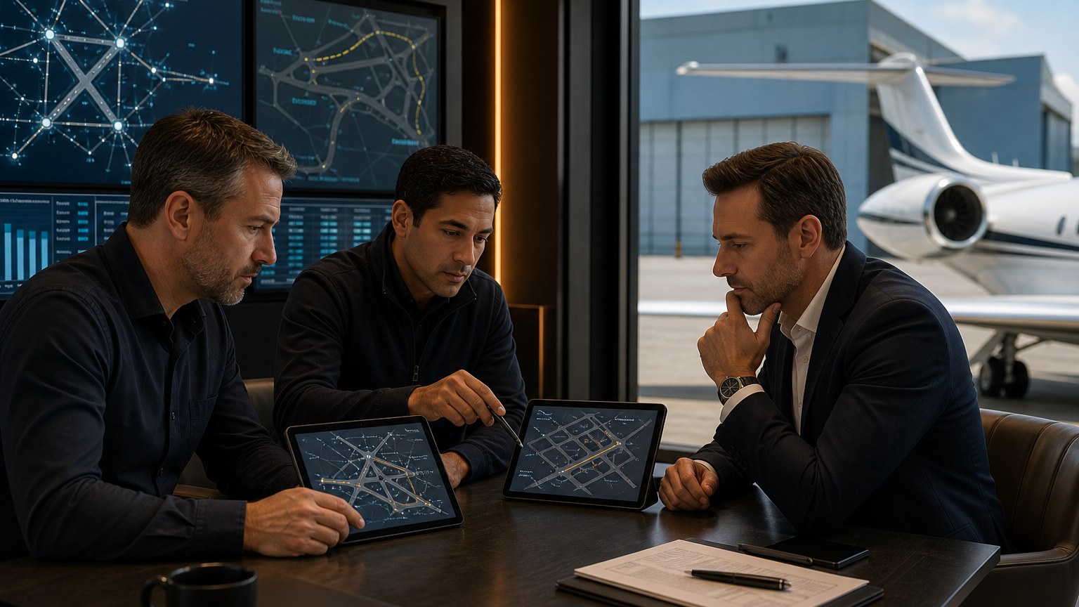 Male aviation planners comparing fallback customs airports for an international private jet charter
