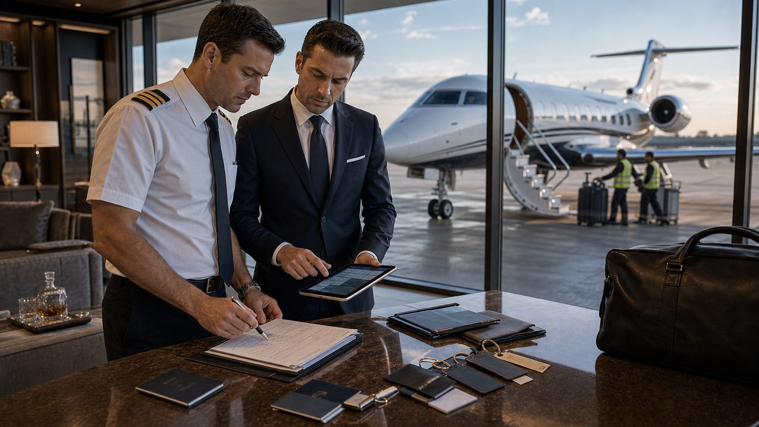 Male pilot and advisor reviewing customs documents at an FBO with a private jet outside