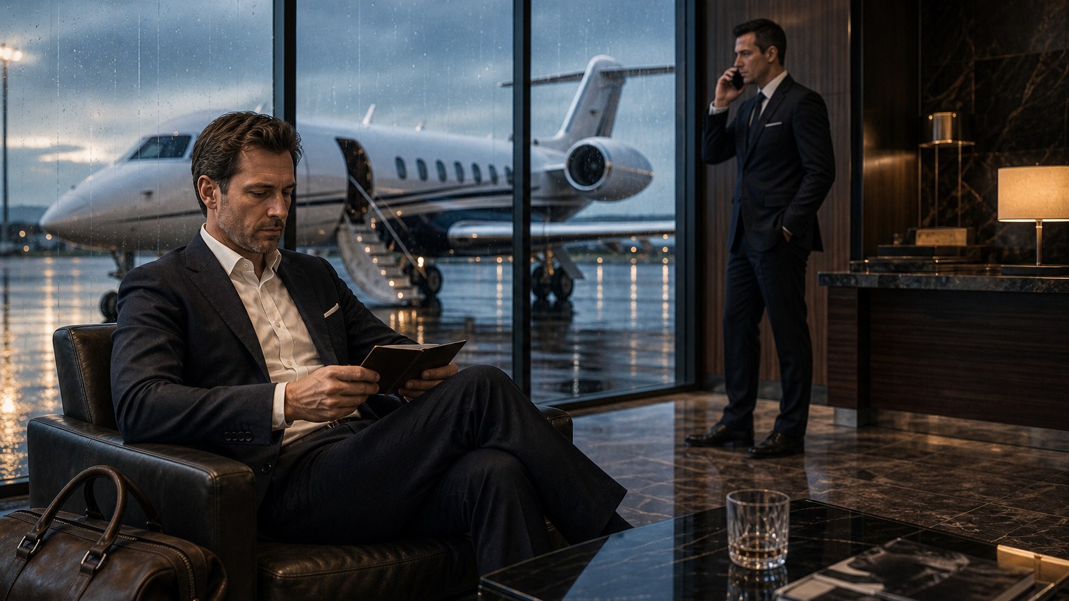 Male executive waiting in a rainy FBO lounge while private jet customs timing is confirmed