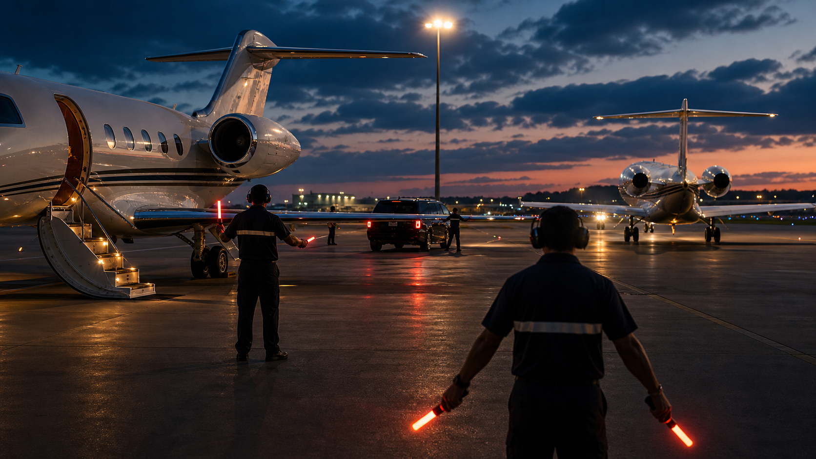 Private jet ramp congestion after a major event with executive departure planning tablet