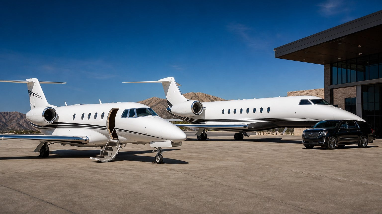 Private jet refueling at an FBO before a long range charter flight