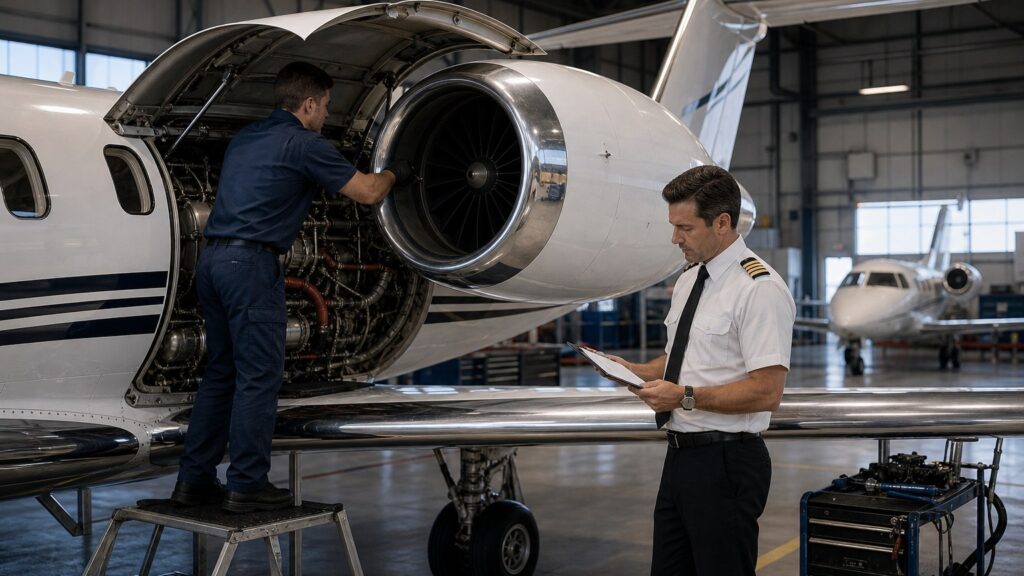 Private jet maintenance inspection before departure in a modern hangar