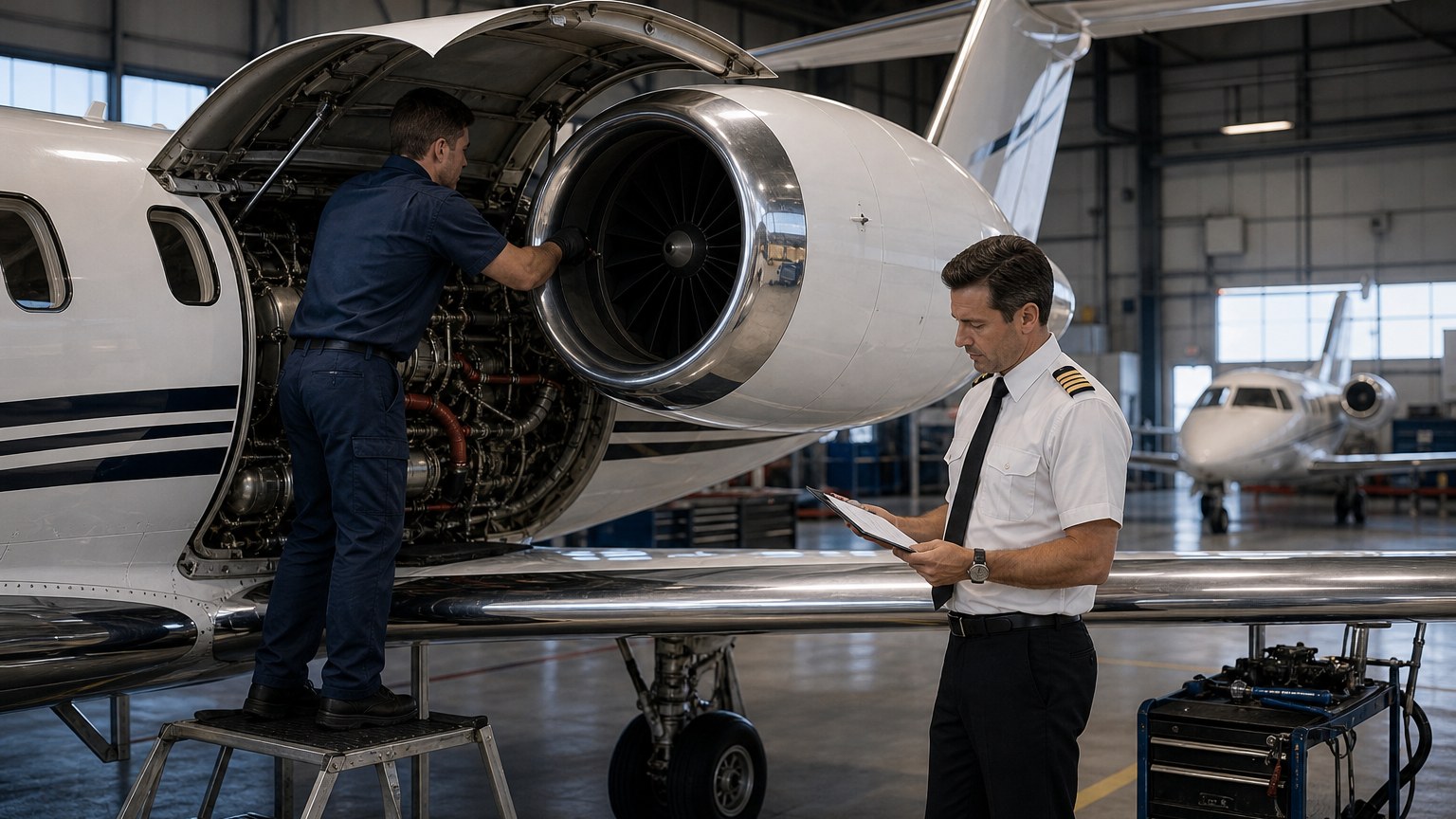 Private jet maintenance inspection before departure in a modern hangar