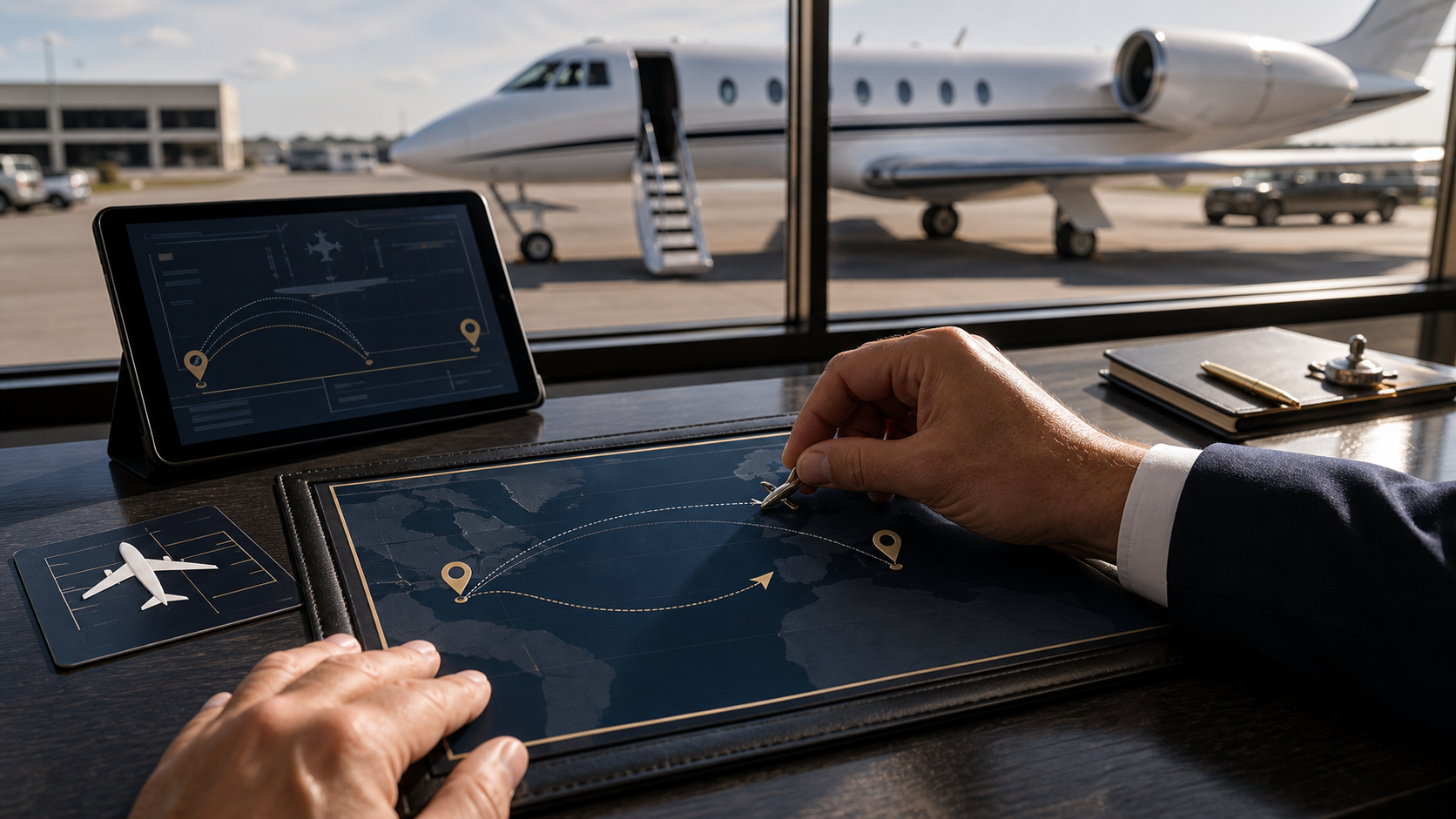 Male executive hands reviewing a same-day private jet return plan in an FBO conference room