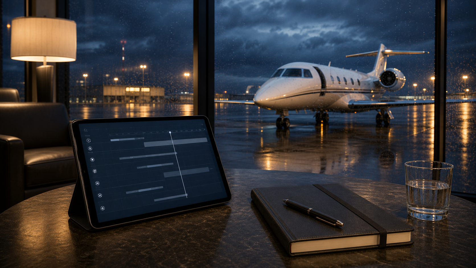 Male pilot reviewing private jet crew duty timing before a same-day return