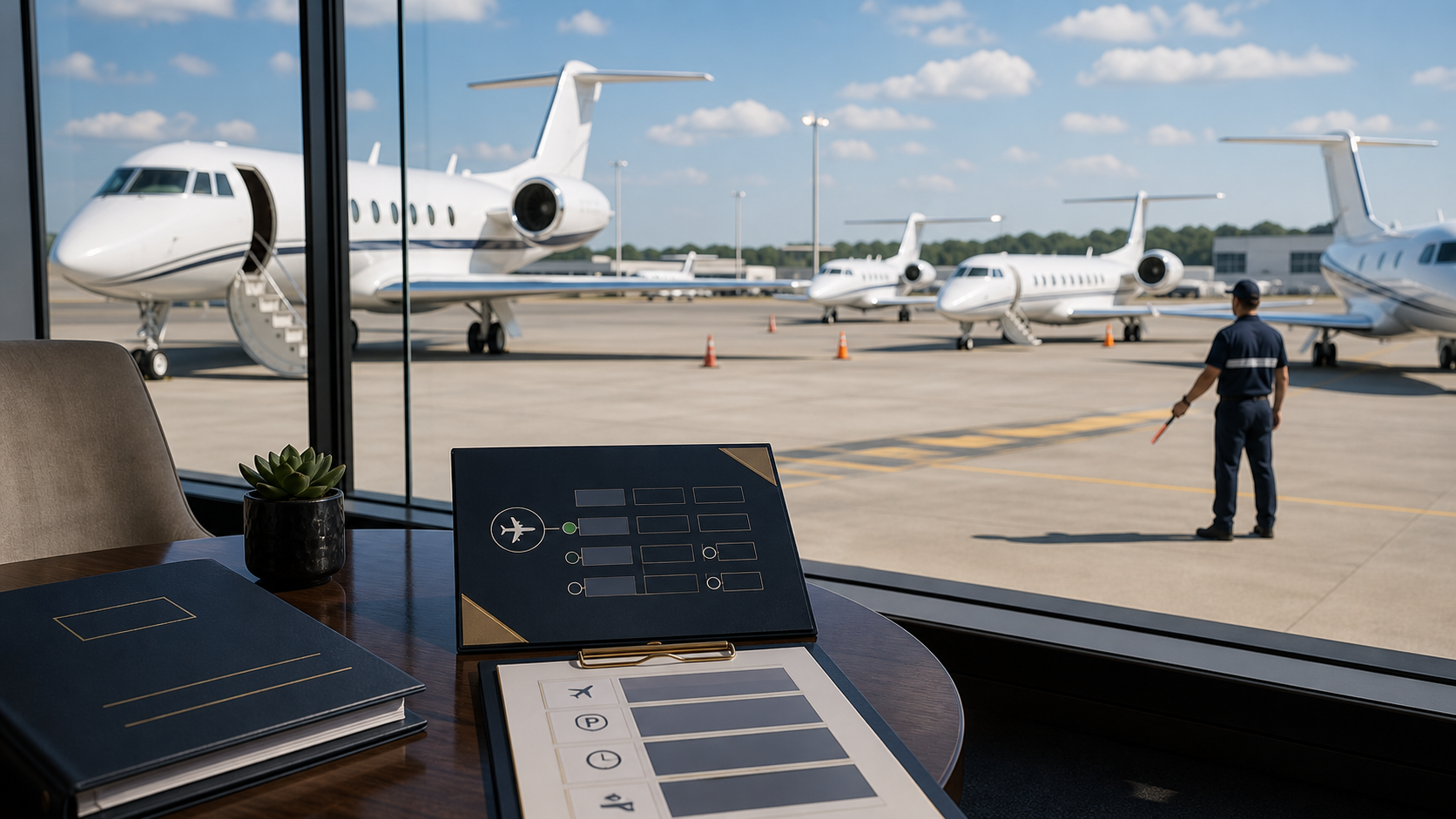 Private jet waiting on a rainy evening ramp while a meeting delay affects the return plan