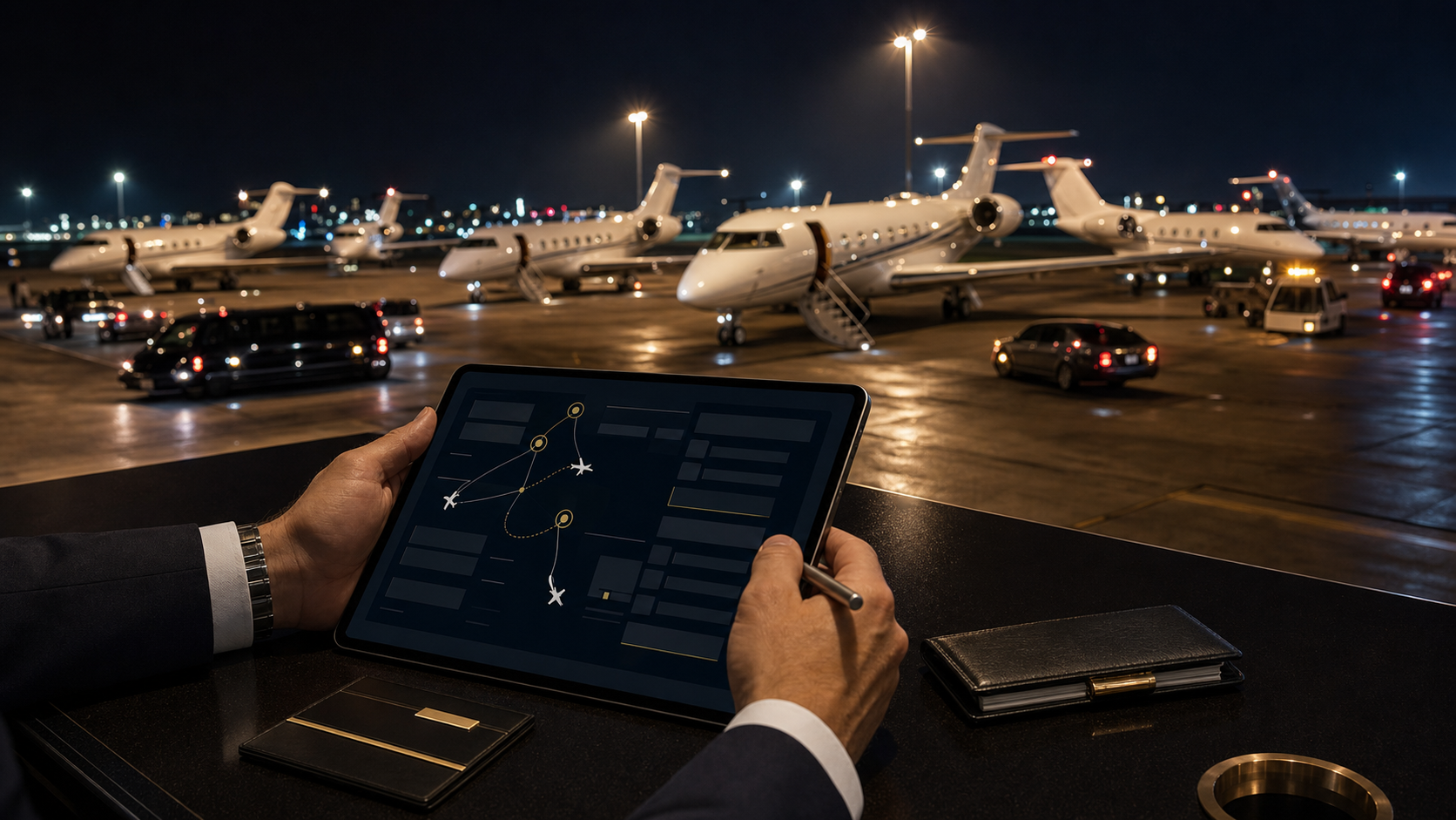 International private jet same-day return planning with passport wallet and manifest tablet