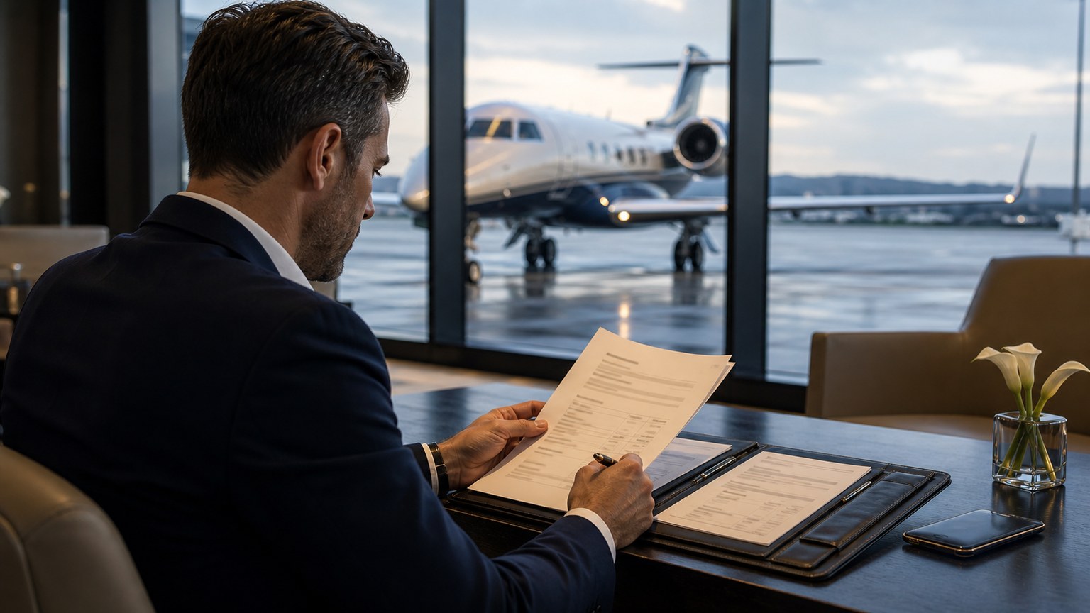 Male executives reviewing owner approval before a private jet charter