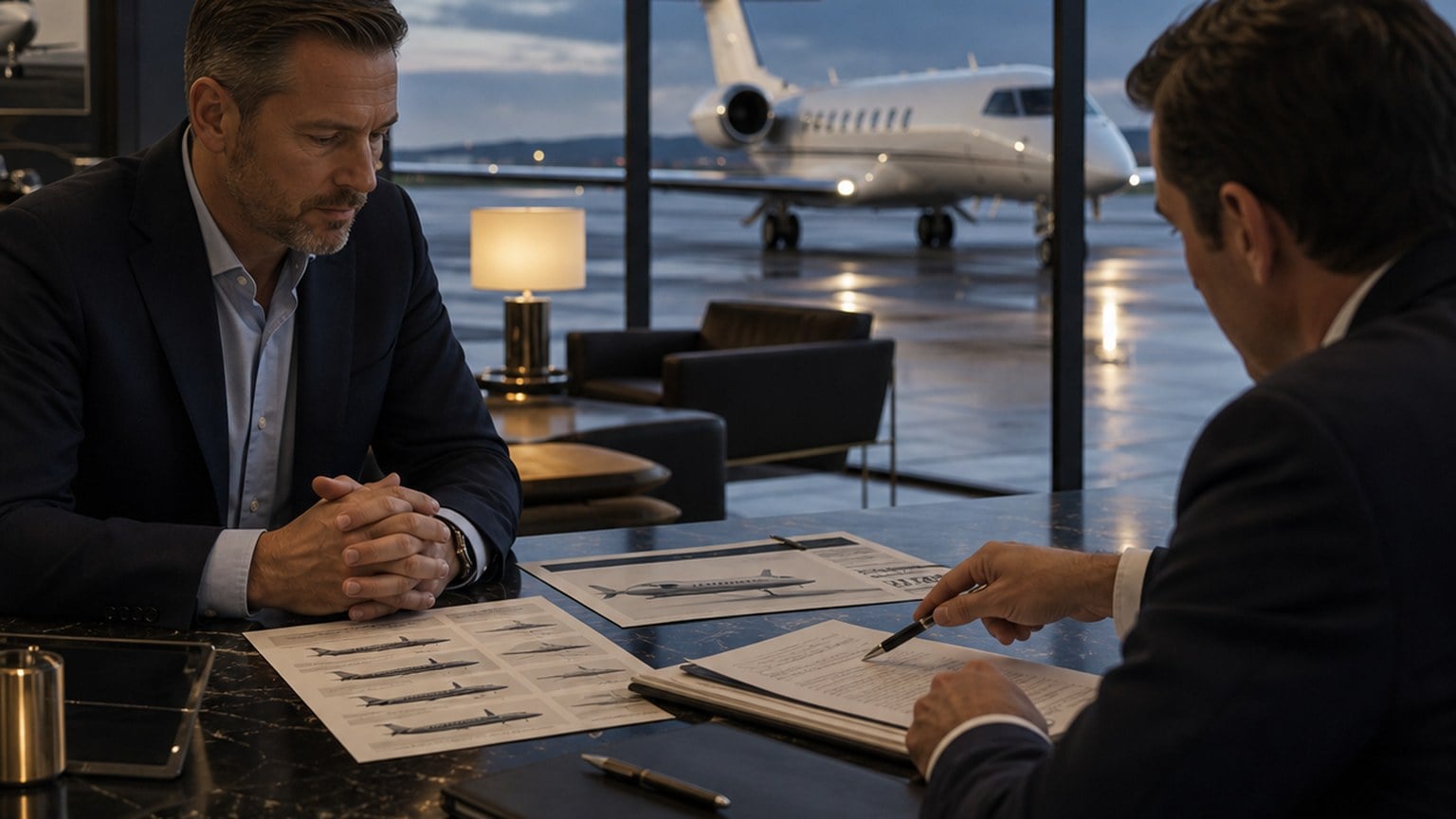 Private jet owner approval paperwork reviewed inside an FBO lounge
