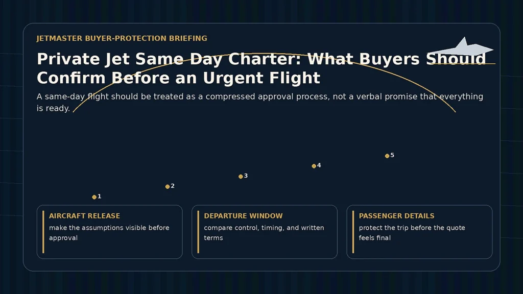 Private jet same-day charter readiness briefing with route, aircraft release, passenger details, payment, FBO timing, and backup plan cards.