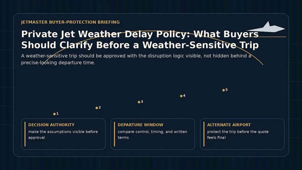 Private jet weather delay policy route briefing with departure window, alternate airport, fuel stop, crew duty, and recovery plan cards.