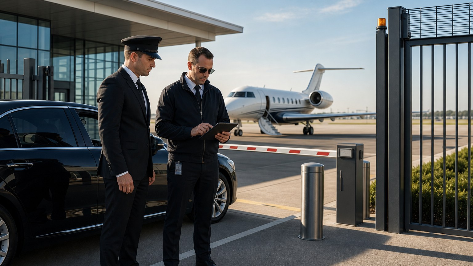 Black SUV and male private jet passengers at a controlled ramp handoff beside a business jet