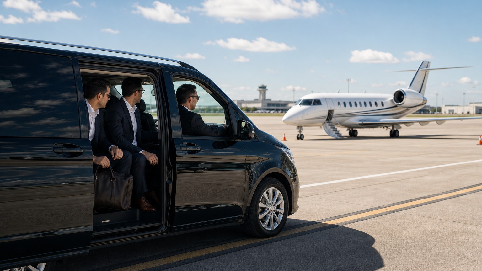 Male chauffeur and executive traveler using curbside FBO drop-off before boarding a private jet
