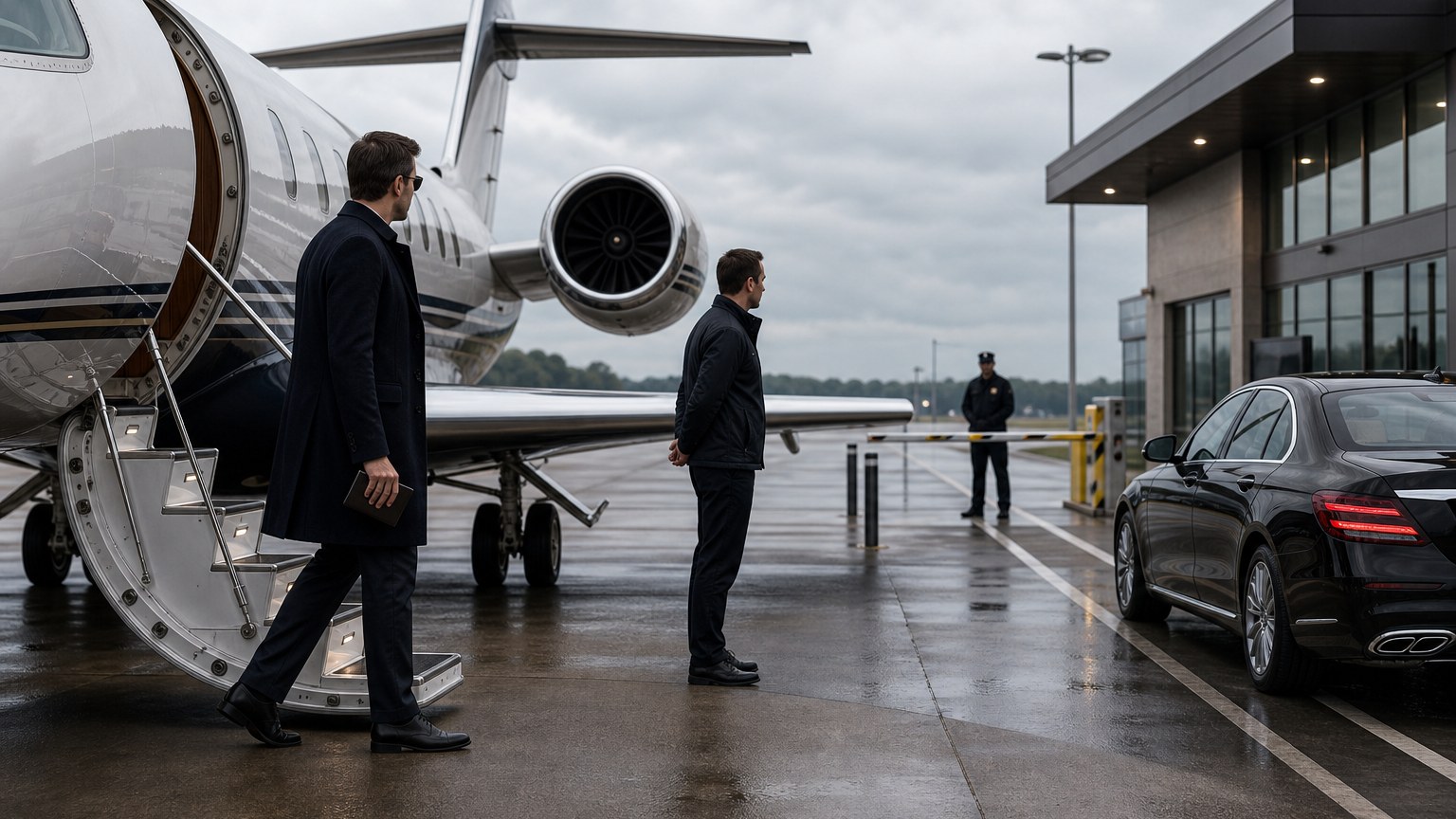 Male ground operations supervisor checking escorted ramp access for a private jet transfer