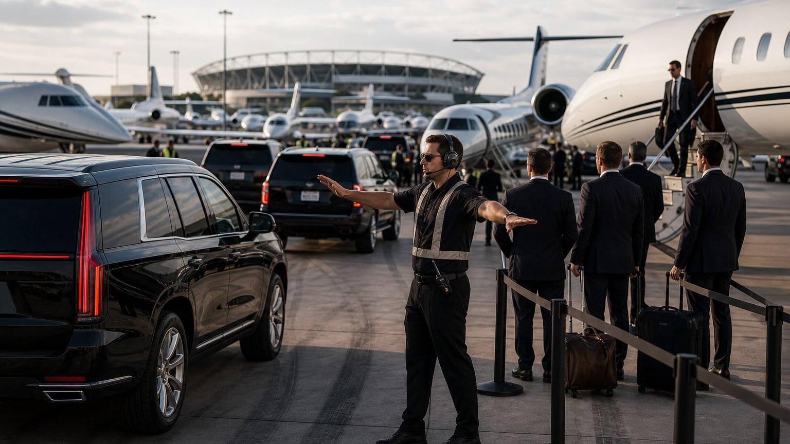 Male FBO host escorting business travelers across a private jet ramp walkway