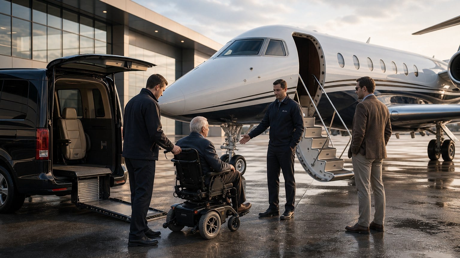 Luxury FBO vehicle transferring male passengers to a remote private jet stand
