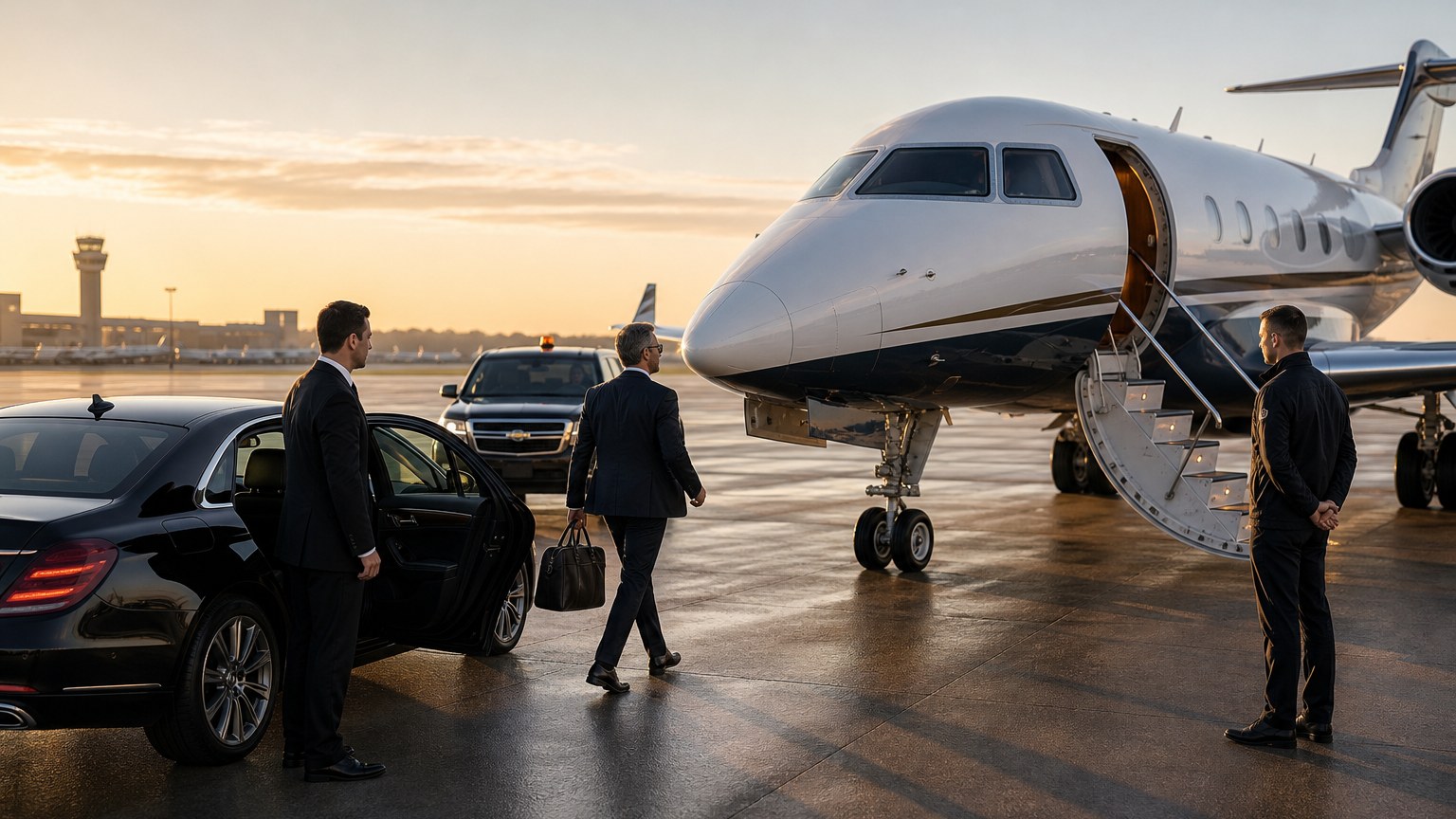 Approved male executive vehicle-to-aircraft access beside a private jet at dawn