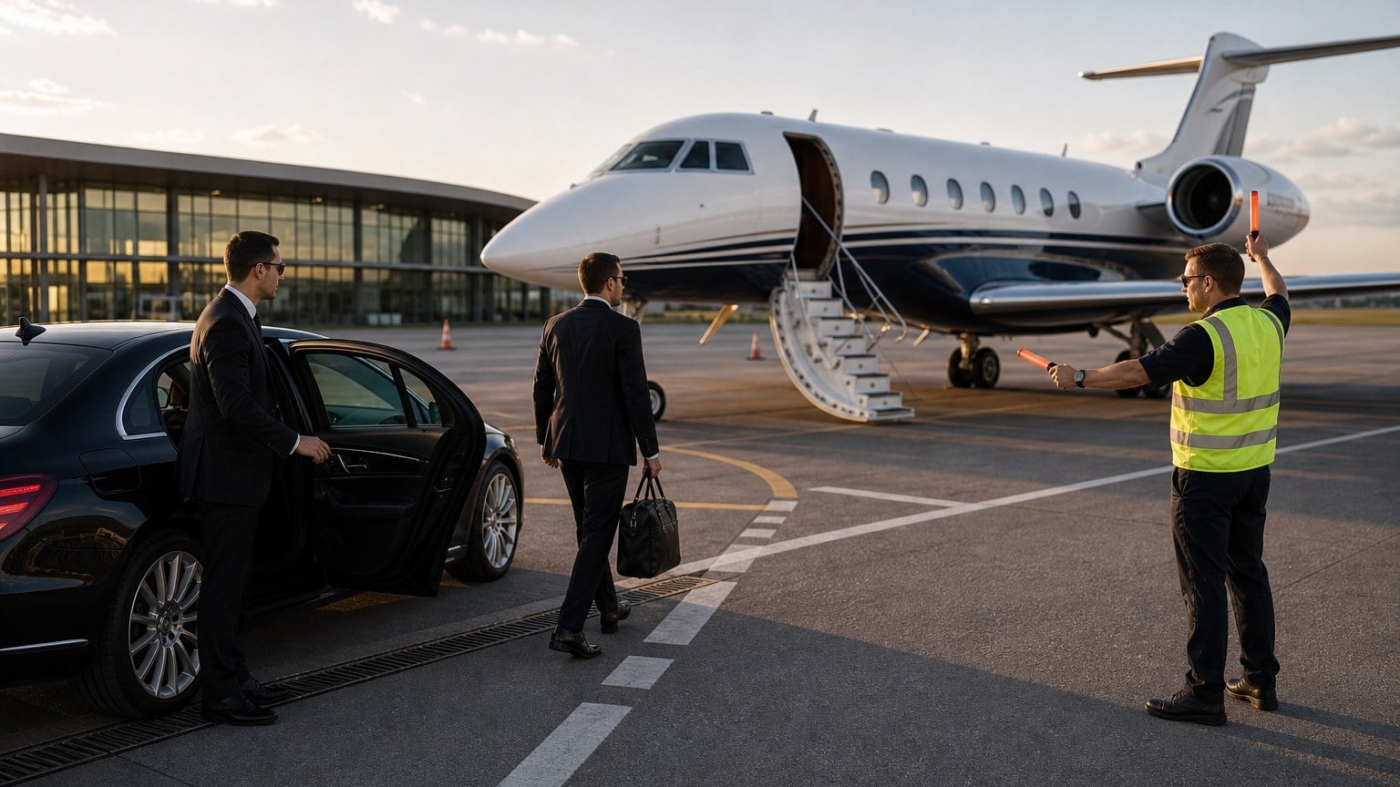 Male ramp escort guiding approved vehicle access beside a private jet and black sedan