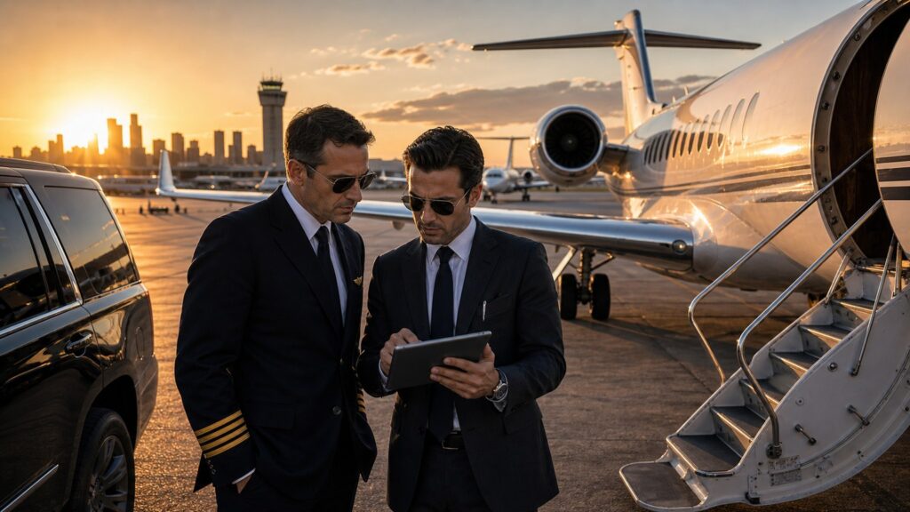 Male captain and executive assistant reviewing private jet slot timing at an FBO