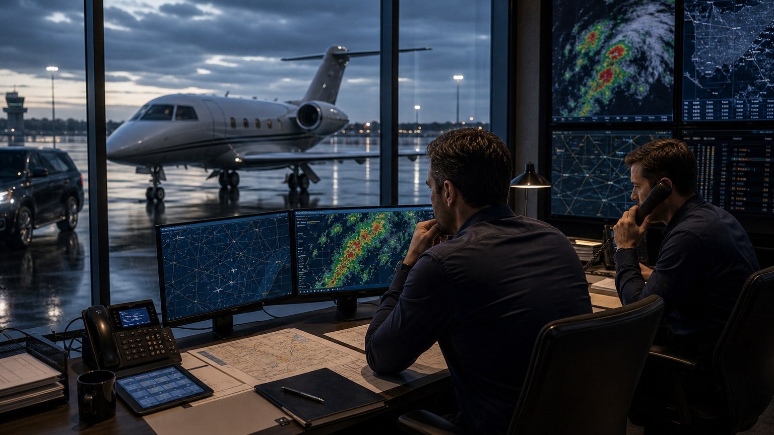 Private jet operations room monitoring ATC flow and weather constraints