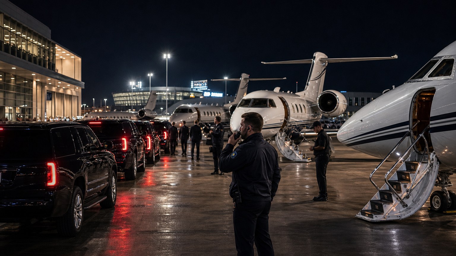 Private jets lined up after a major event departure window