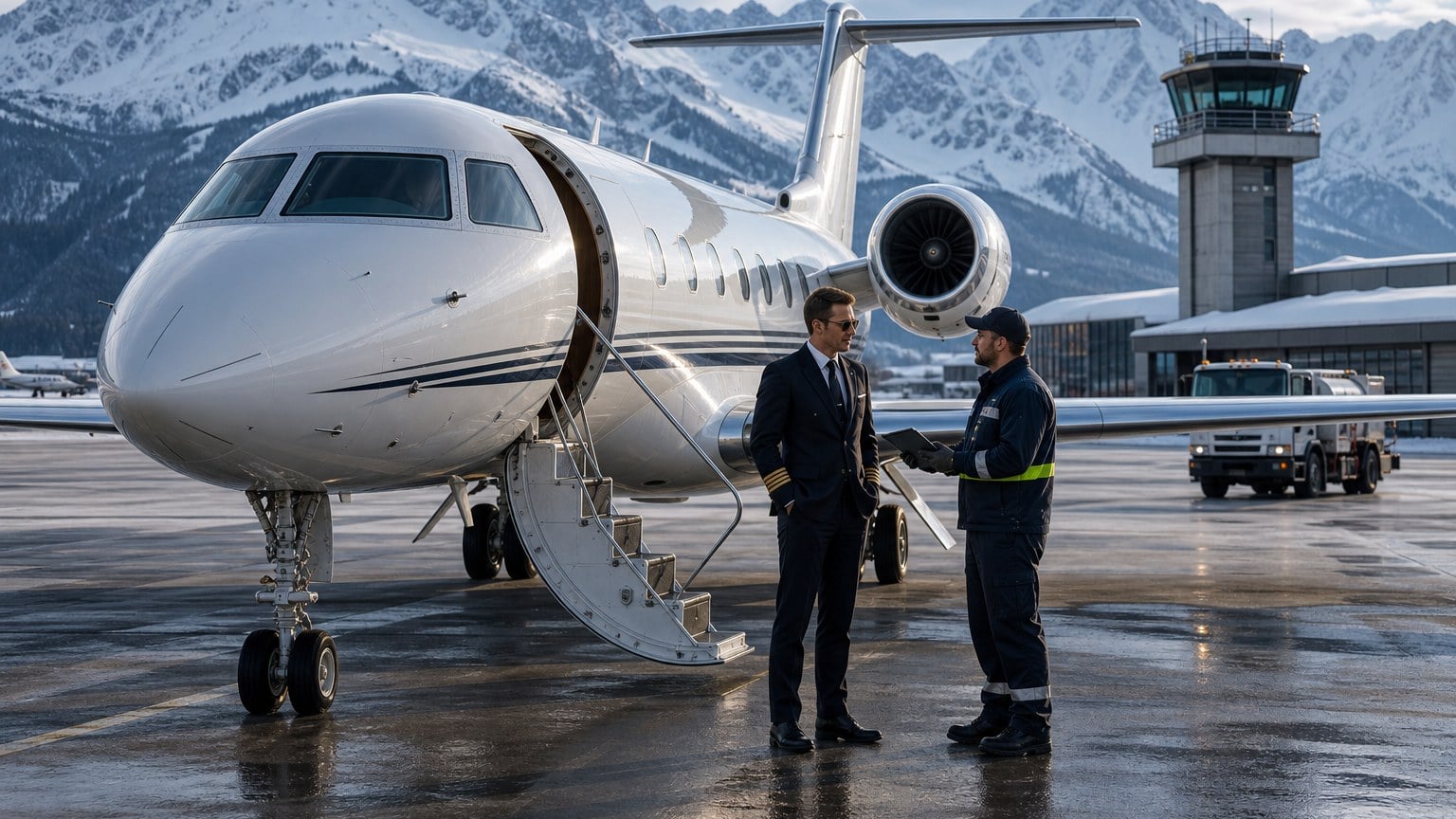 Snowy mountain airport private jet timing constraints