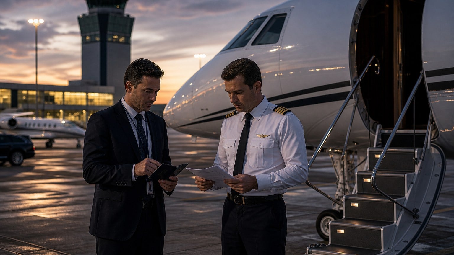 International private jet departure paperwork before a slot-controlled flight