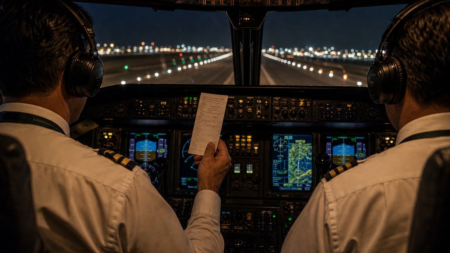 Private jet cockpit waiting for ATC release at night