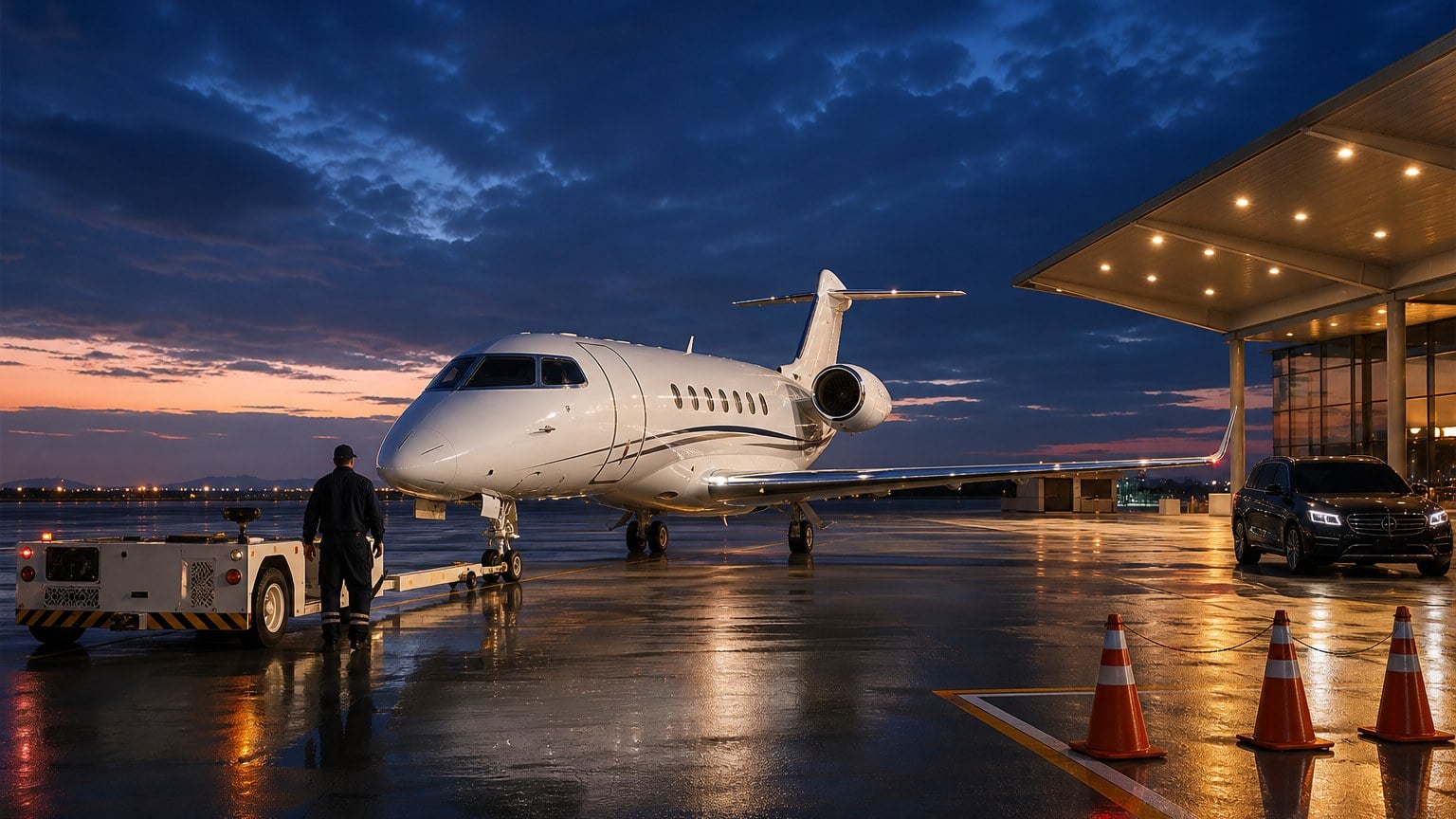 Busy FBO ramp with private jet parking constraints