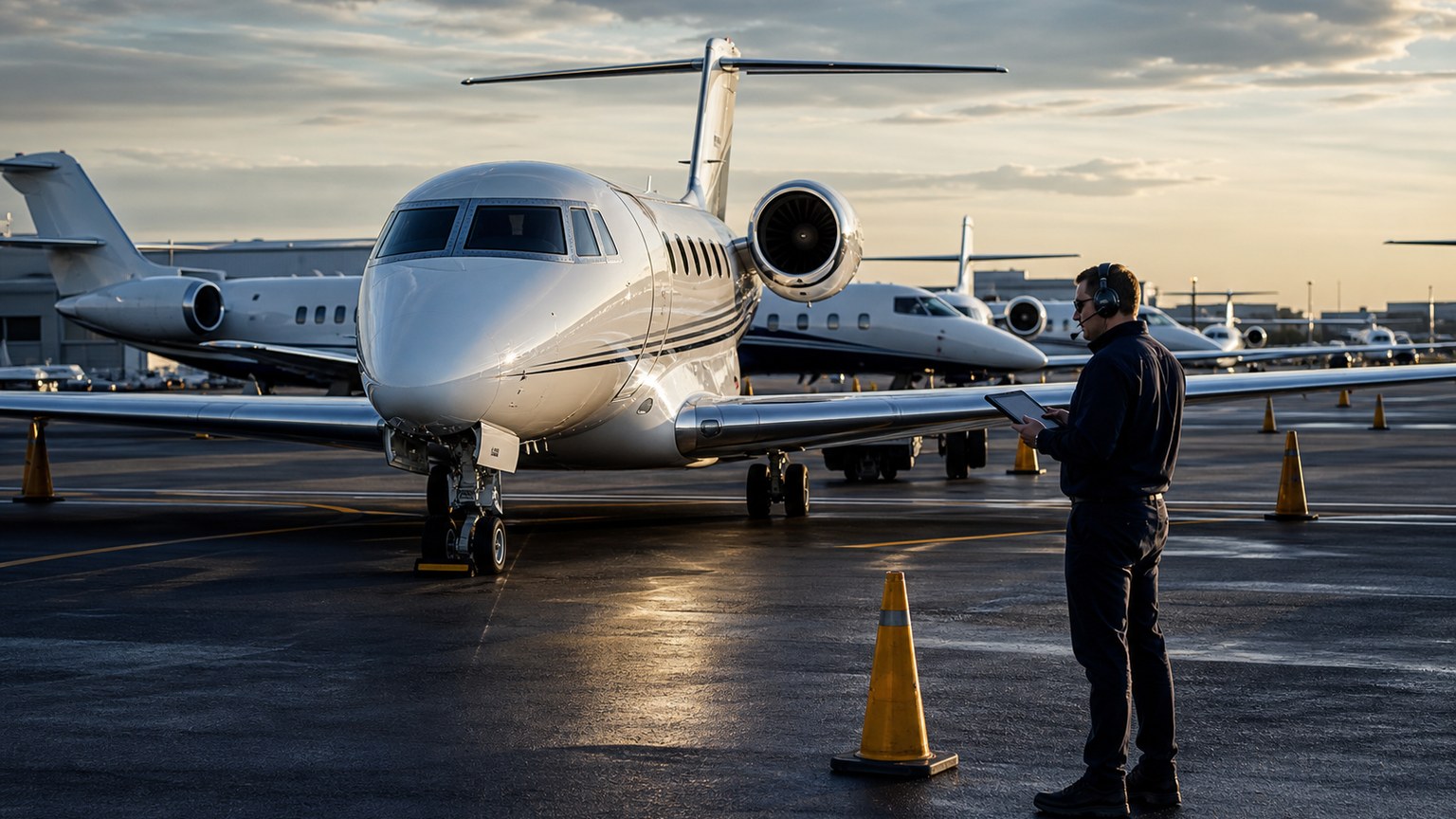 Private jet parked in a tight FBO stand with ramp coordination