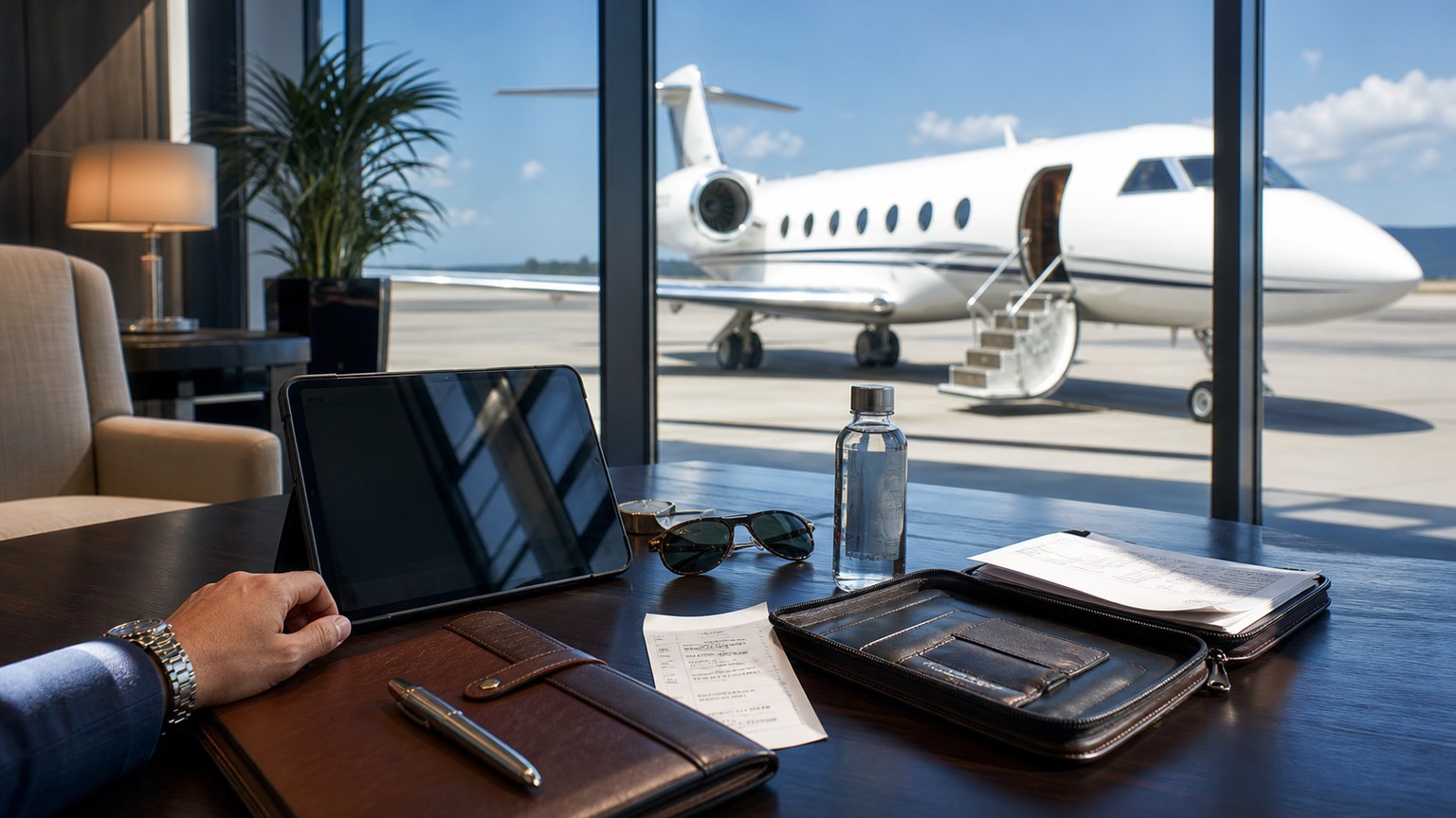 Private jet on a hot regional ramp before runway performance review