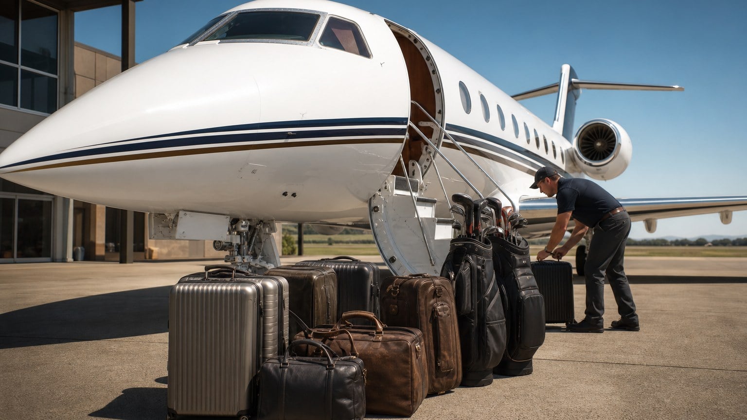 Private jet trip planning inside an FBO with aircraft outside
